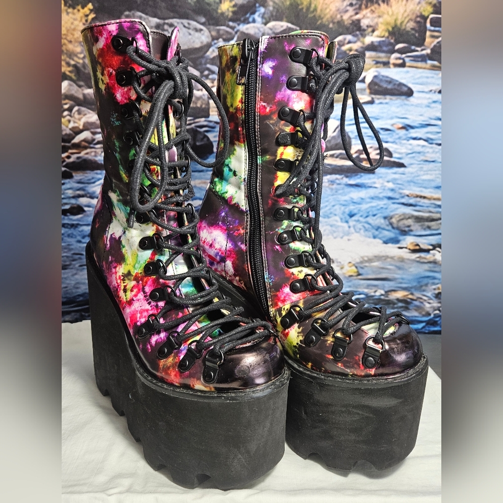 Dolls Kill ClubExx Vibrant Acid Sunrise Tie-Dye Lace Up‎ Platform Boots, 5 - Picture 2 of 9